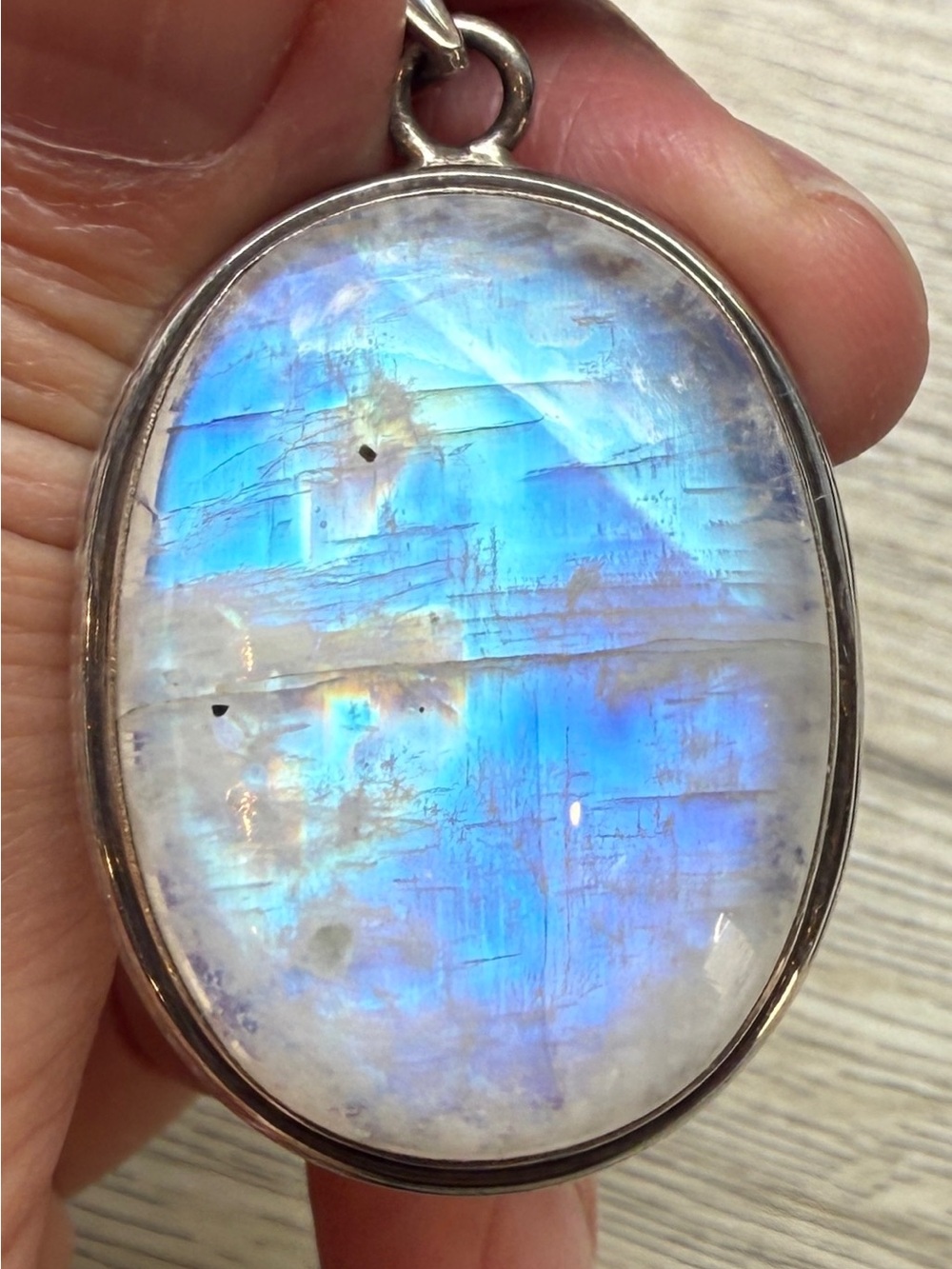 Beautiful Vintage Blue Flash Rainbow Moonstone 925 Sterling Silver Pendant 2”L